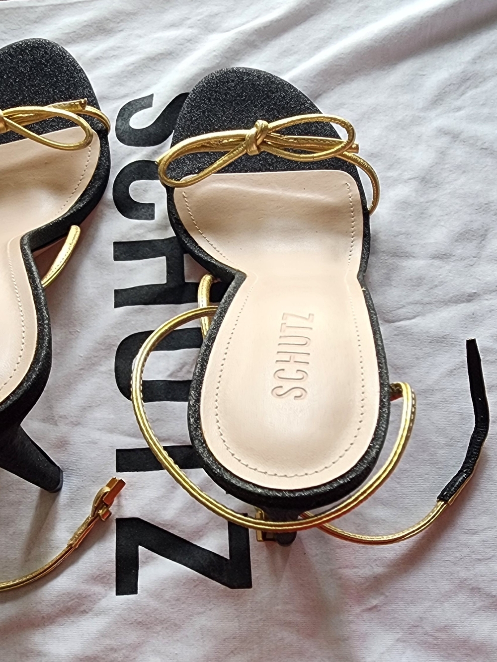 Schutz Black Heeled Sandals with Gold Bow and Ankle Tie - Picture 10 of 10